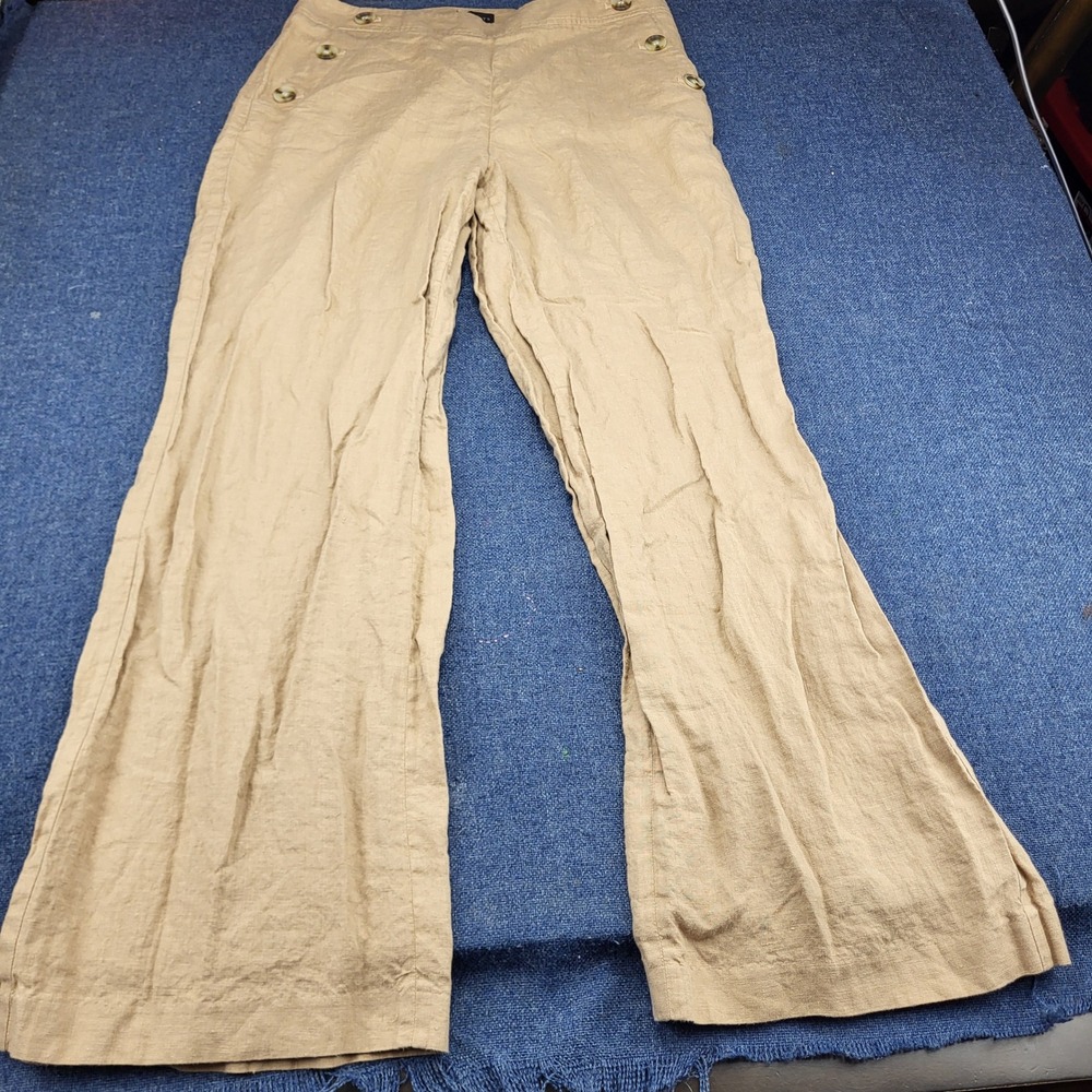 Talbots Womens 12 Tan 100% Linen Wide Leg Sailor Pants Tortoise Button Accent